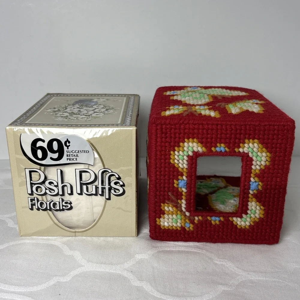 VTG Posh Puffs Tissues Handmade Cover Box Needlepoint Yarn Homemade Butterflies